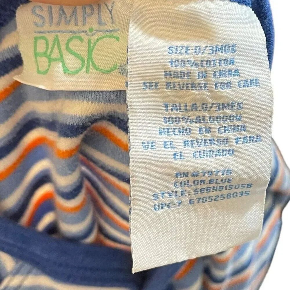 Simply Basic Striped Bodysuit Top Baby Boy 3 Months Blue Striped Snap Button